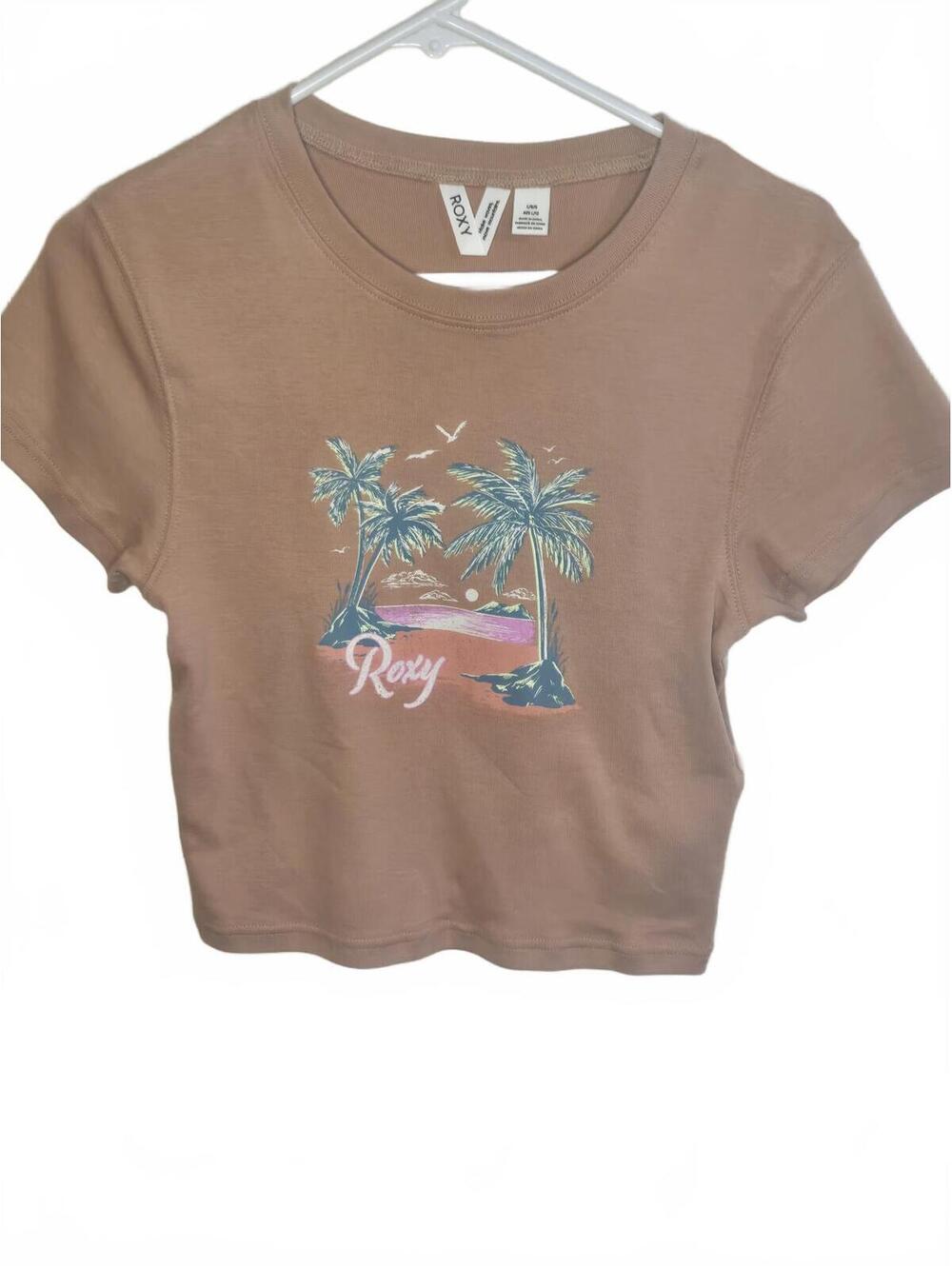 Roxy Women's Tan Crop T-Shirt with Palm Tree Graphic, Size L